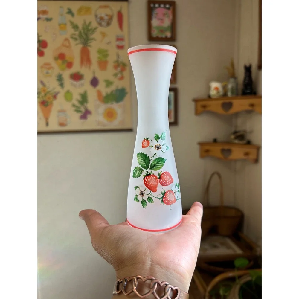 Vintage Frosted Glass Strawberry Bud Vase White Red Cottagecore 6 Inch